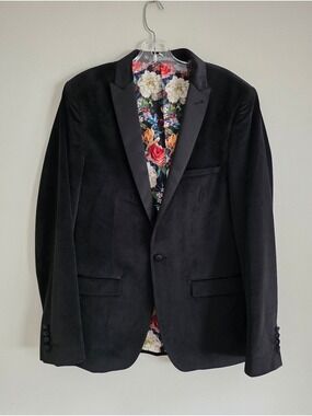 PAISLEY & GRAY | Men Black Velvet Floral Lining Slim Fit Blazer Jacket 40R